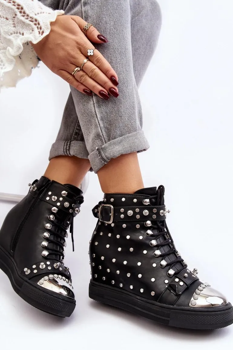 Botki Damskie Zdobione Dżetami Na Koturnie Lu Boo Czarne