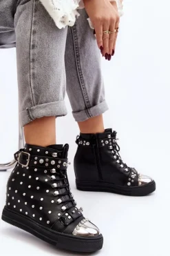 Botki Damskie Zdobione Dżetami Na Koturnie Lu Boo Czarne