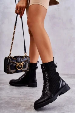 Botki Damskie Ze Skarpetą Wiązane Czarne Livaro