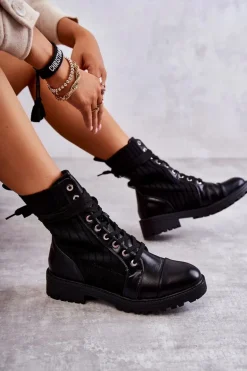 Botki Damskie Ze Skarpetą Wiązane Czarne Livaro