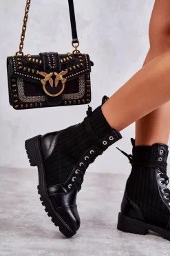 Botki Damskie Ze Skarpetą Wiązane Czarne Livaro