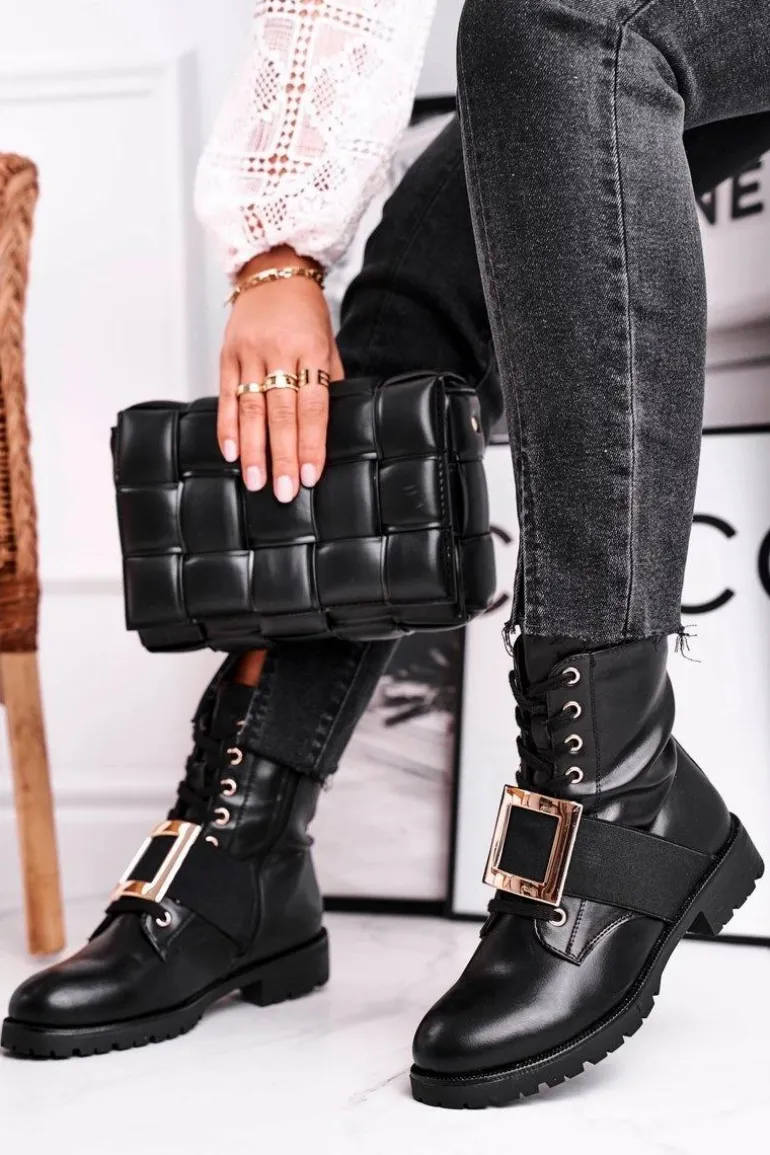 Botki Damskie Ze Złotą Klamrą Happy Su Czarne