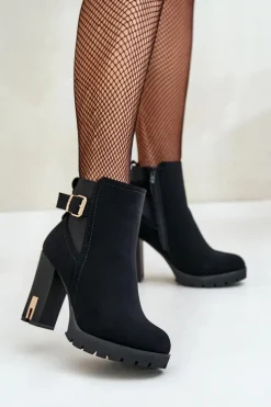 Botki Damskie Ze Złotą Klamrą Na Słupku Ocieplane Czarne Erilanes