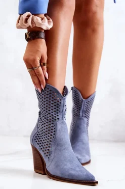 Botki Kowbojki Ażurowe Na Słupku Niebieskie Caroline