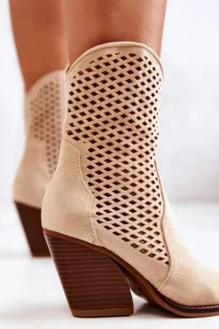 Botki Kowbojki Ażurowe Na Słupku Beżowe Caroline