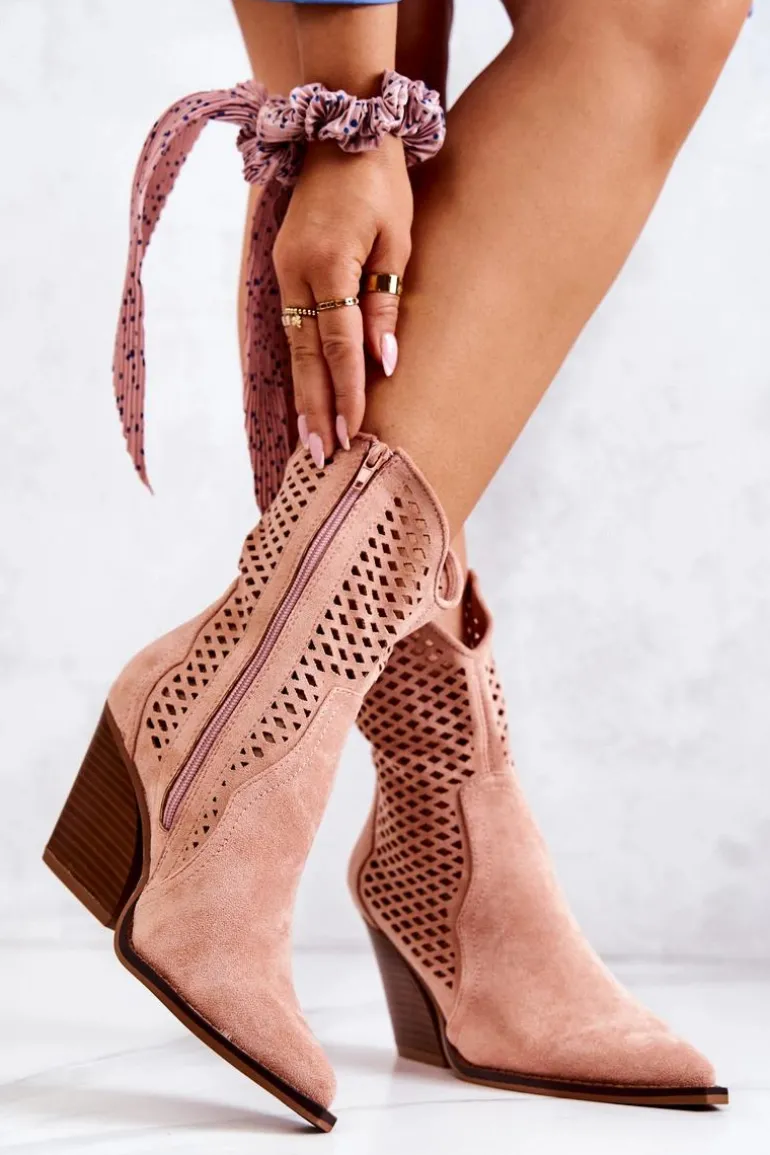 Botki Kowbojki Ażurowe Na Słupku Różowe Caroline