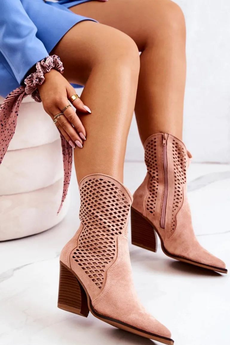 Botki Kowbojki Ażurowe Na Słupku Różowe Caroline