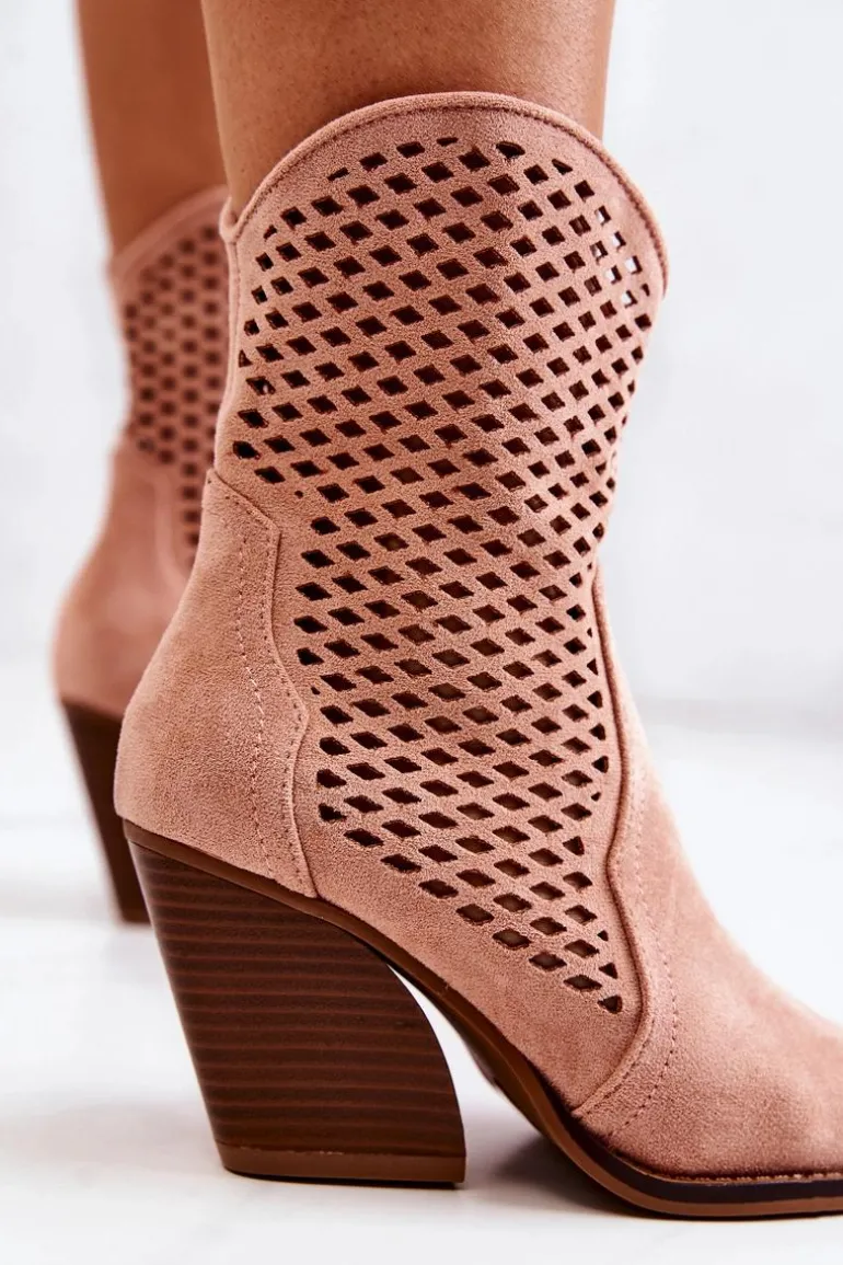 Botki Kowbojki Ażurowe Na Słupku Różowe Caroline