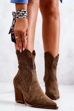 Botki Kowbojki Ażurowe Na Słupku Khaki Caroline