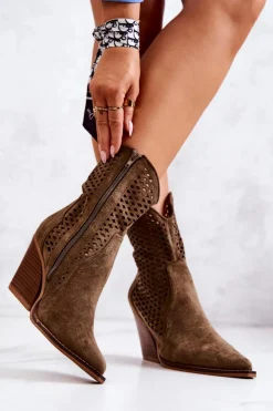 Botki Kowbojki Ażurowe Na Słupku Khaki Caroline