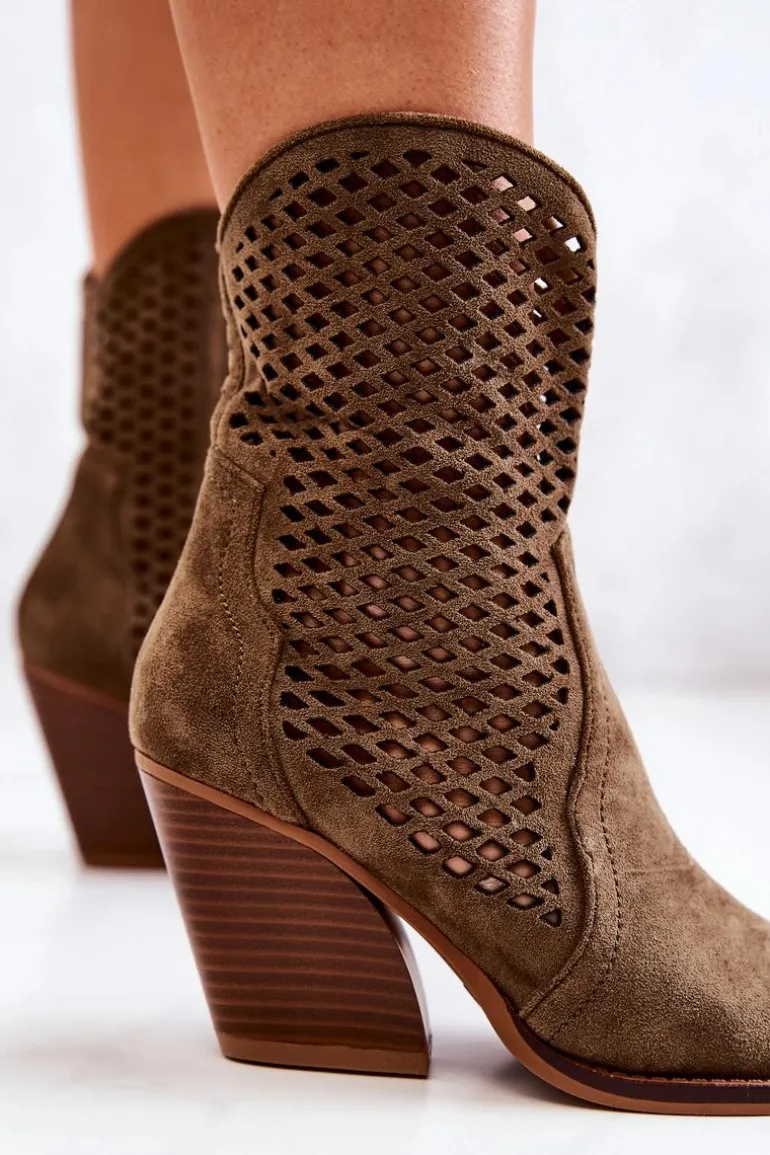 Botki Kowbojki Ażurowe Na Słupku Khaki Caroline