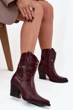 Botki Kowbojki Damskie Eko Skórzane Na Słupku Bordowe Morelia
