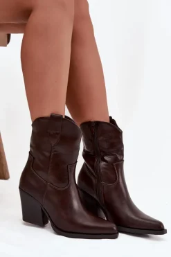 Botki Kowbojki Damskie Eko Skórzane Na Słupku Czekoladowe Morelia