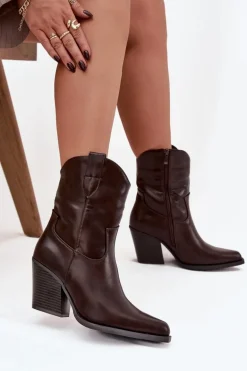 Botki Kowbojki Damskie Eko Skórzane Na Słupku Czekoladowe Morelia