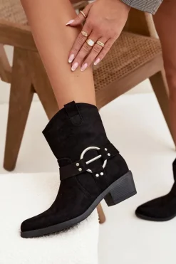 Botki Kowbojki Damskie Na Obcasie Z Ozdobnym Detalem Czarne Halivine