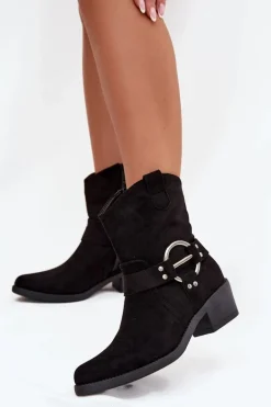 Botki Kowbojki Damskie Na Obcasie Z Ozdobnym Detalem Czarne Halivine