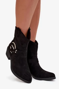 Botki Kowbojki Damskie Na Obcasie Z Ozdobnym Detalem Czarne Halivine