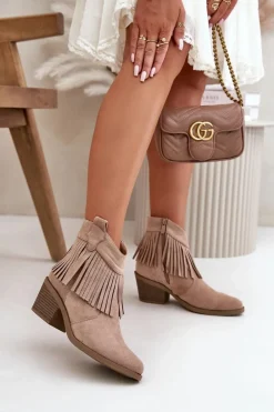 Botki Kowbojki Damskie Na Zamek Eko Zamszowe Beżowe S.Barski HY42-127