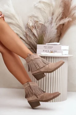 Botki Kowbojki Damskie Na Zamek Eko Zamszowe Beżowe S.Barski HY42-127