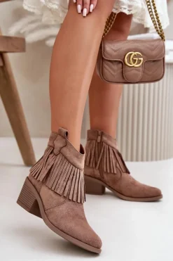 Botki Kowbojki Damskie Na Zamek Eko Zamszowe Brązowe S.Barski HY42-127