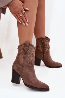 Botki Kowbojki Damskie Na Słupku Eko Zamszowe Ciemnobeżowe Carissa
