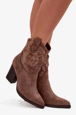 Botki Kowbojki Damskie Na Słupku Eko Zamszowe Ciemnobeżowe Carissa