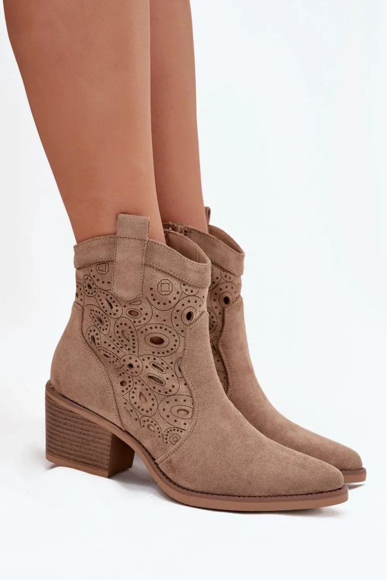 Botki Kowbojki Damskie Z Ażurowym Wzorem Beżowe Nolvina
