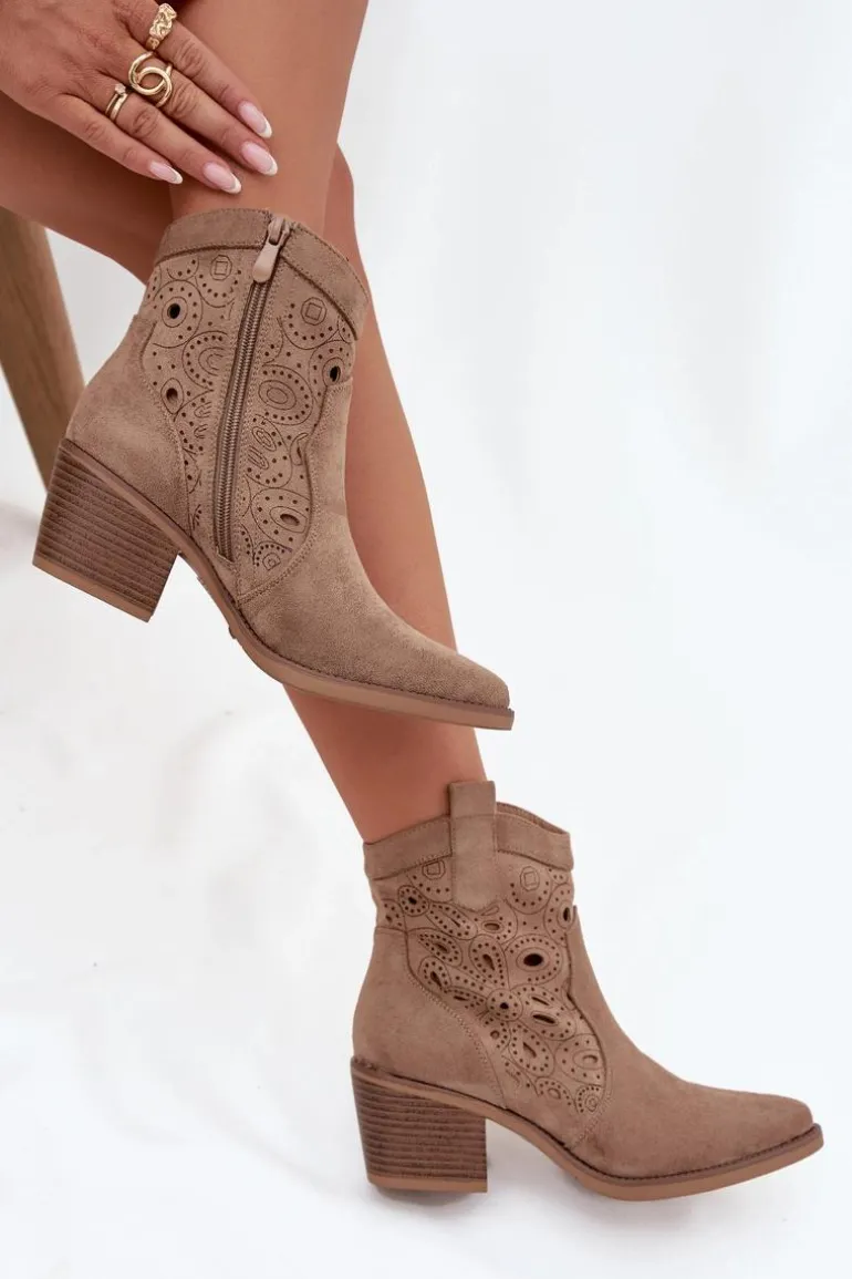 Botki Kowbojki Damskie Z Ażurowym Wzorem Beżowe Nolvina