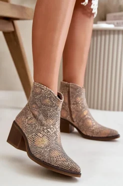 Botki Kowbojki Damskie Zapinane Na Zamek Zwierzęcy Wzór Złote Merisine