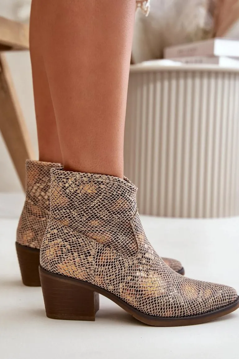 Botki Kowbojki Damskie Zapinane Na Zamek Zwierzęcy Wzór Złote Merisine