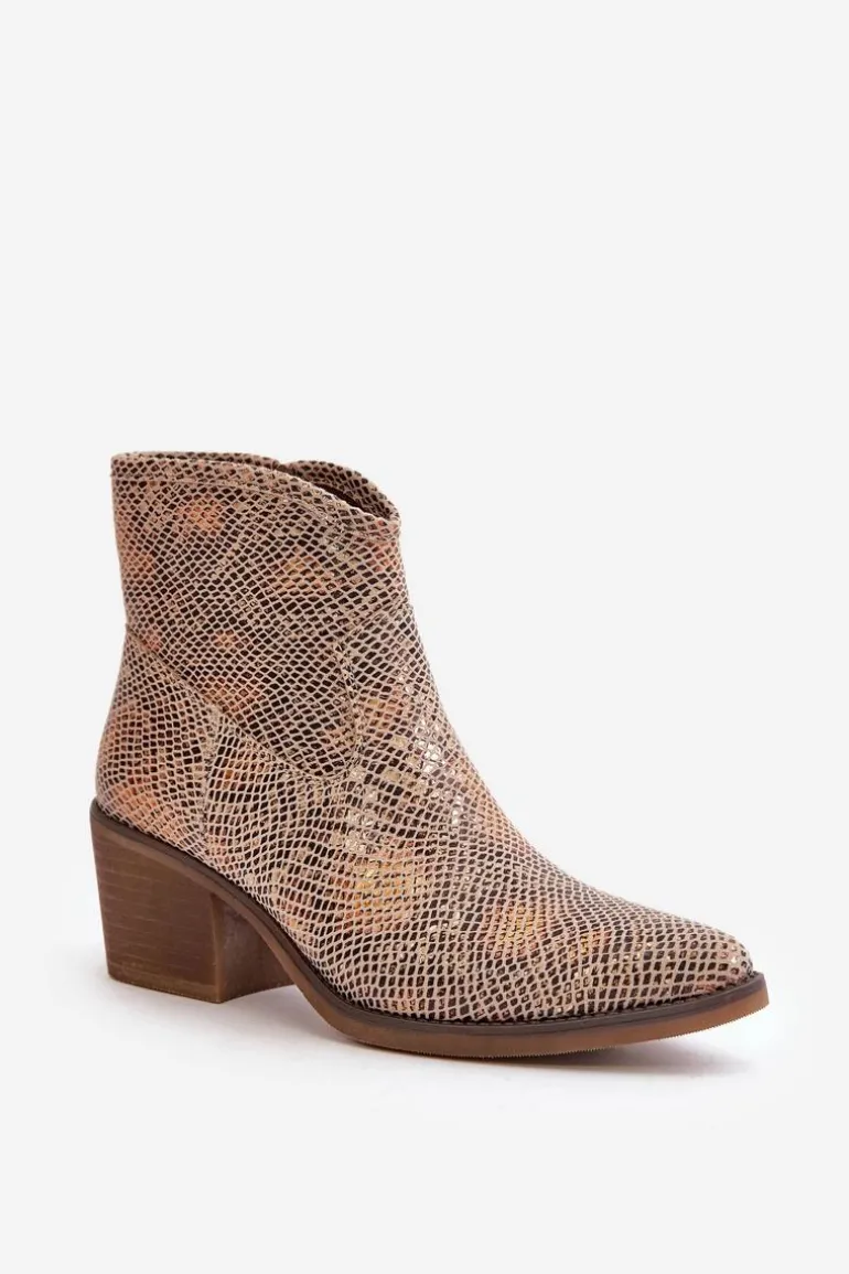 Botki Kowbojki Damskie Zapinane Na Zamek Zwierzęcy Wzór Złote Merisine