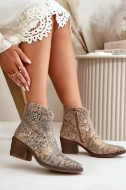 Botki Kowbojki Damskie Zapinane Na Zamek Zwierzęcy Wzór Złote Merisine