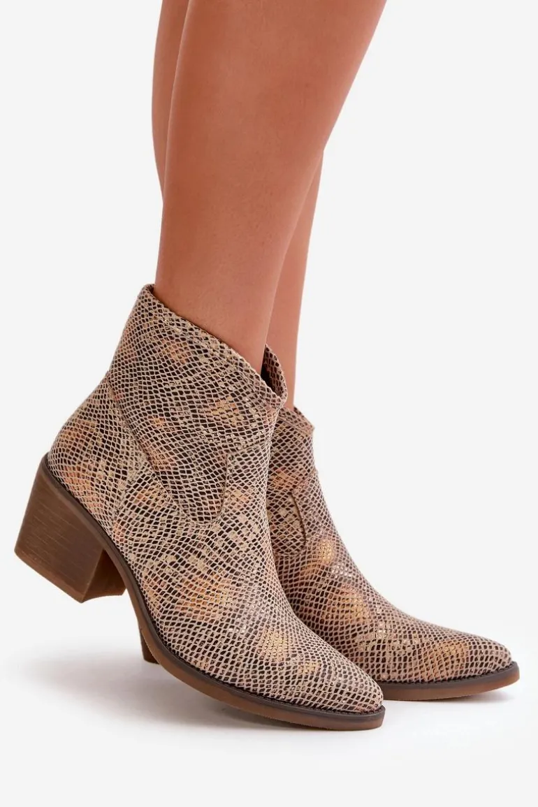 Botki Kowbojki Damskie Zapinane Na Zamek Zwierzęcy Wzór Złote Merisine