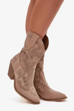 Botki Kowbojki Damskie Ze Zdobieniem Beżowe Arlissima