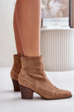 Botki Kowbojki Na Słupku Eko Zamszowe Brązowe Arabelline