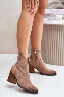 Botki Kowbojki Na Słupku Ocieplane Z Eko Zamszu Vinceza 58345 Ciemnobeżowe