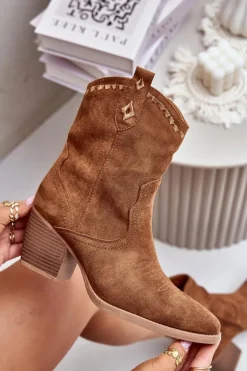 Botki Kowbojki Na Słupku Z Eko Zamszu Camel Narinae