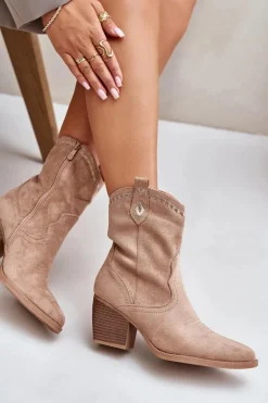 Botki Kowbojki Na Słupku Z Eko Zamszu Beżowe Narinae