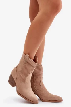 Botki Kowbojki Na Słupku Z Eko Zamszu Beżowe Narinae
