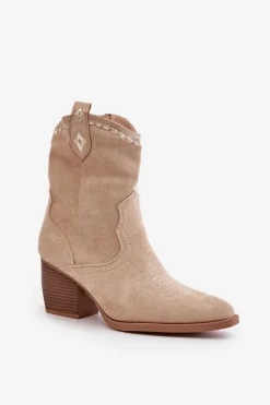 Botki Kowbojki Na Słupku Z Eko Zamszu Jasnobeżowe Narinae