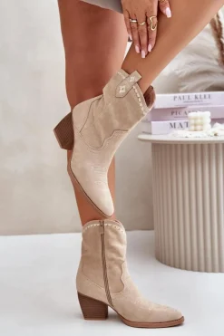 Botki Kowbojki Na Słupku Z Eko Zamszu Jasnobeżowe Narinae