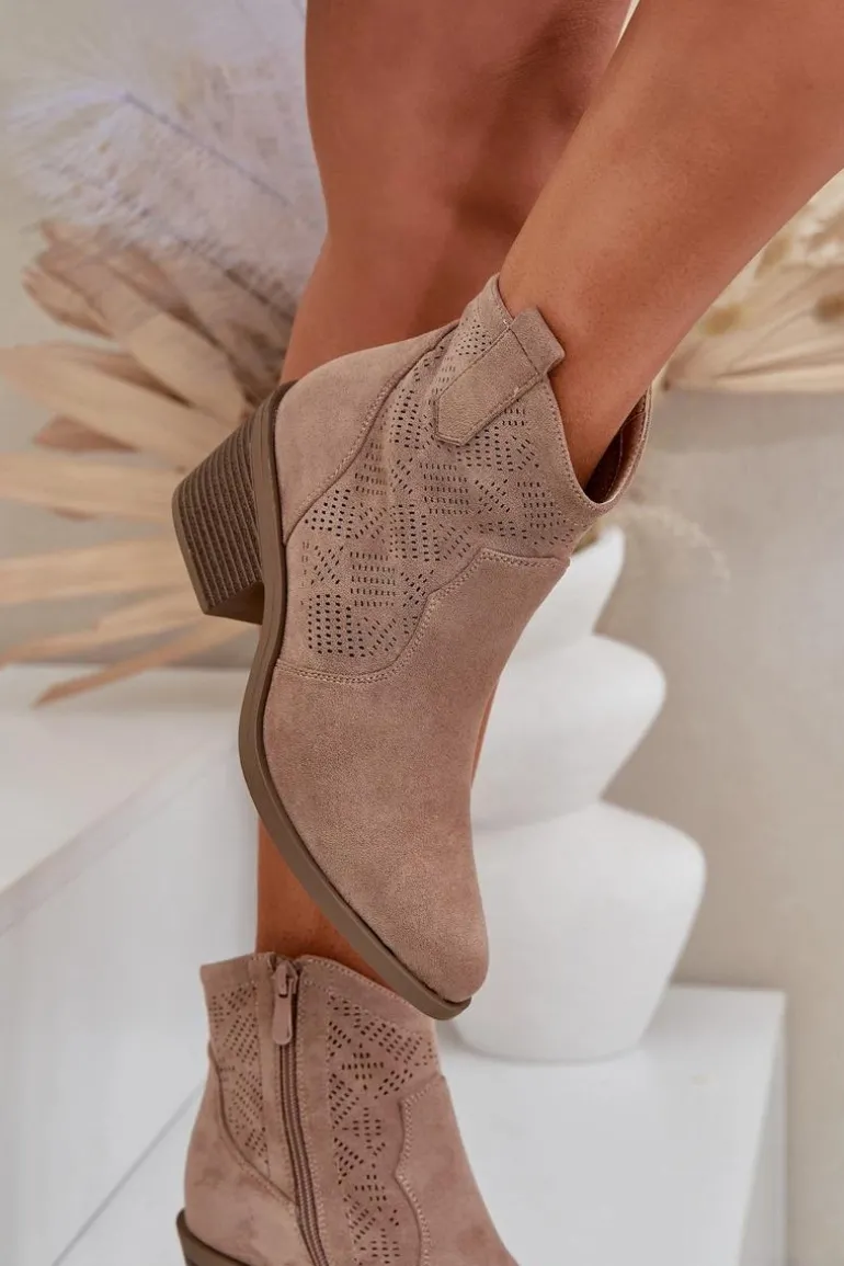 Botki Kowbojki Na Zamek Eko Zamszowe Ażurowe S.Barski HY51-061 Beżowe