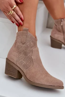 Botki Kowbojki Na Zamek Eko Zamszowe Ażurowe S.Barski HY51-061 Beżowe