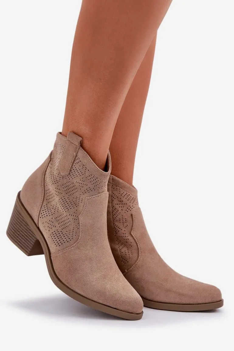 Botki Kowbojki Na Zamek Eko Zamszowe Ażurowe S.Barski HY51-061 Beżowe