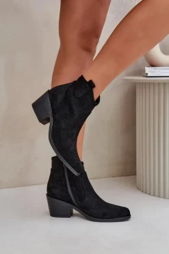 Botki Kowbojki Na Zamek Eko Zamszowe Ażurowe S.Barski HY51-061 Czarne