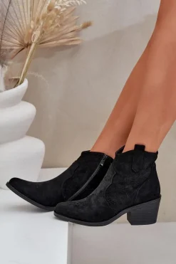 Botki Kowbojki Na Zamek Eko Zamszowe Ażurowe S.Barski HY51-061 Czarne