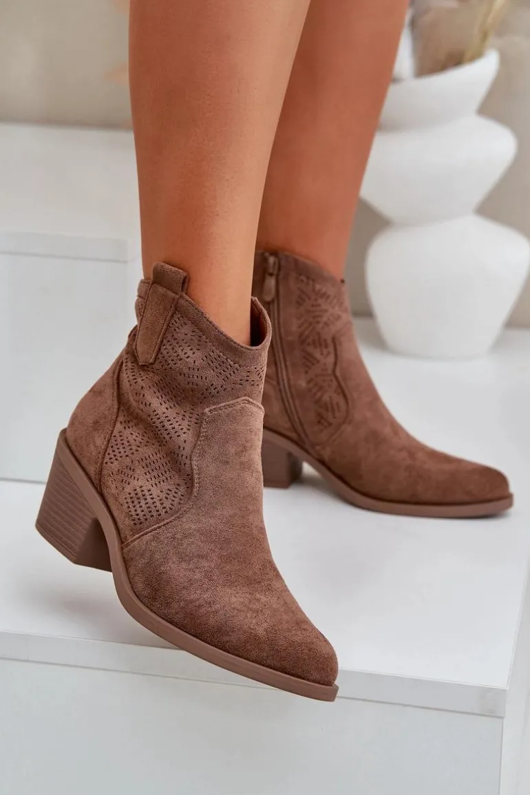 Botki Kowbojki Na Zamek Eko Zamszowe Ażurowe S.Barski HY51-061 Brązowe