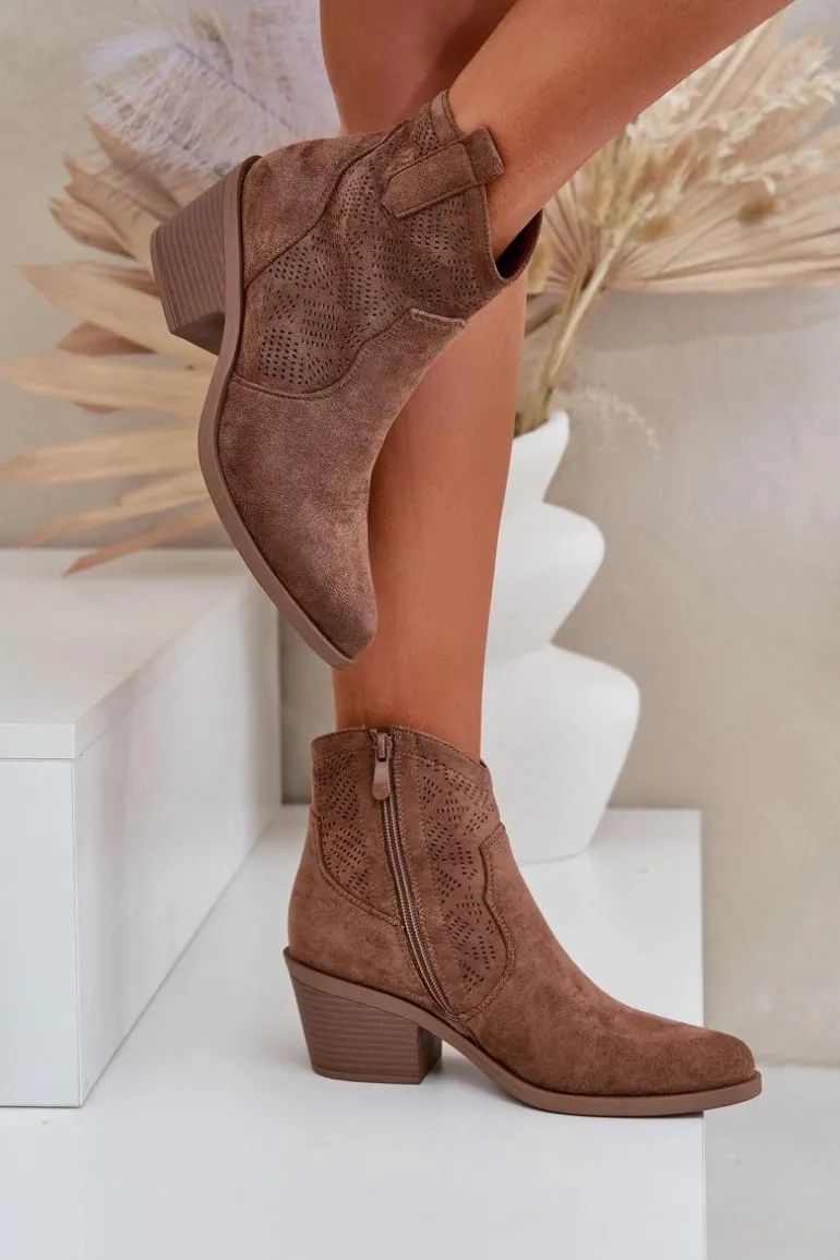 Botki Kowbojki Na Zamek Eko Zamszowe Ażurowe S.Barski HY51-061 Brązowe