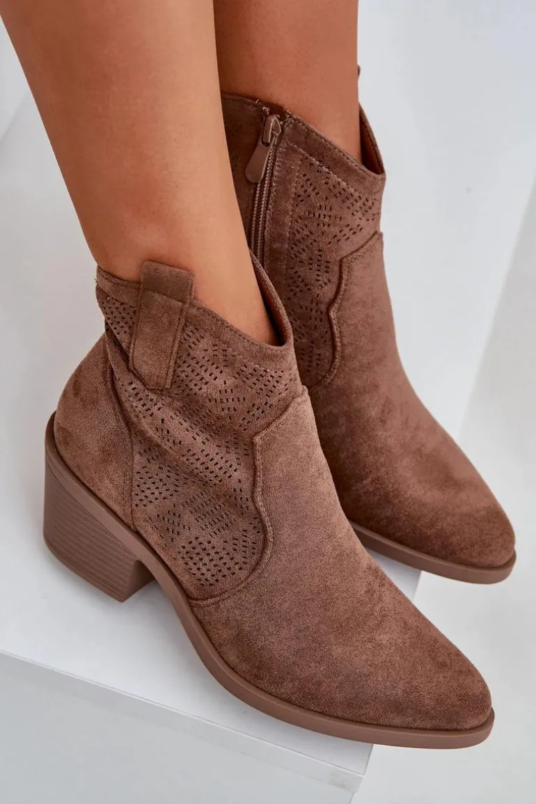 Botki Kowbojki Na Zamek Eko Zamszowe Ażurowe S.Barski HY51-061 Brązowe