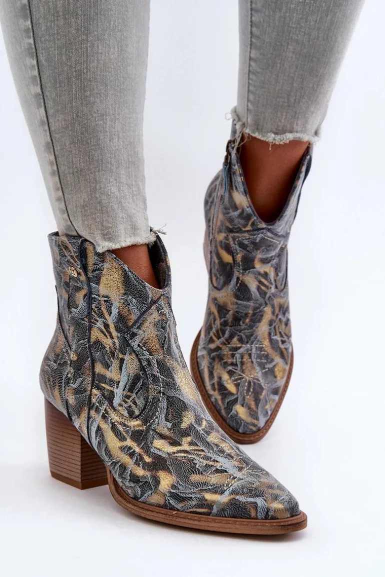 Botki Kowbojki Skórzane Damskie Na Obcasie Maciejka 05776-13 Niebieskie